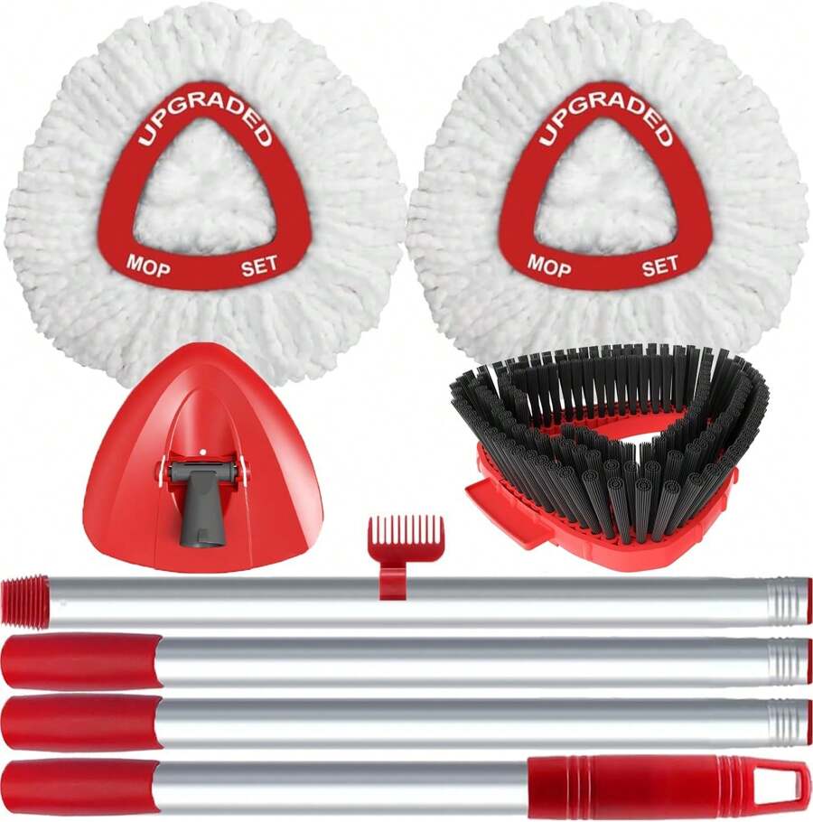 Spin Mop Replace Head Compatible With Ocedar EasyWring 1 Tank, Upgraded Scrub Brush Mop Replacement Head, 2 Microfiber Mop Refills, 1 Mop Handle, 1 Mop Base And 1 Mop Base Cleaning Brush Combo Set,7658711