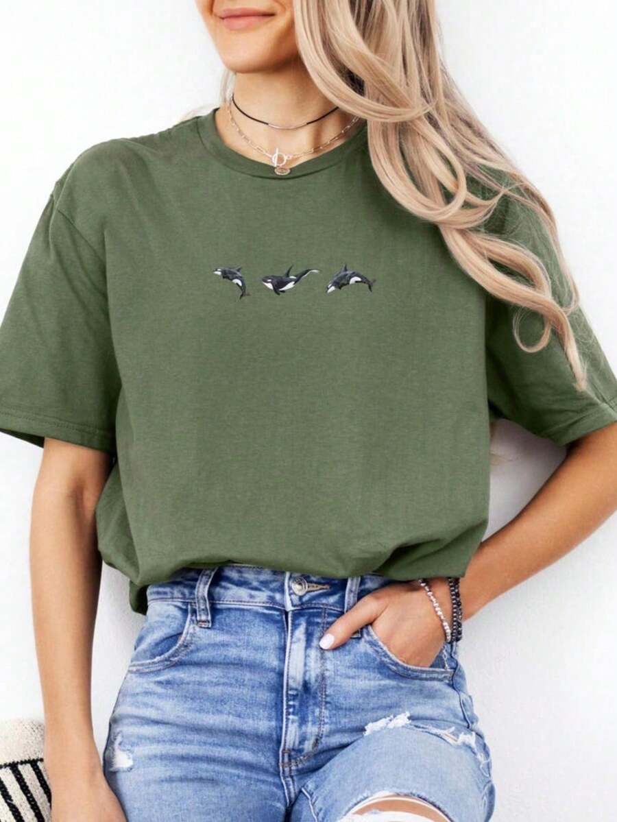Stylish Women's T-Shirt Printed Baby Orcas Swimming Minimalist Printed New Arrival 100% Cotton T-Shirt Loose Oversized Plus Size T-Shirt - 墨綠色 - 查看 1