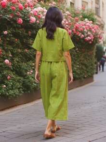 Conjunto de dos piezas para mujer en lino liso, estilo holgado y casual, ideal para estar en casa, para el tiempo libre y para ocasiones cotidianas. - Verde - Ver 3