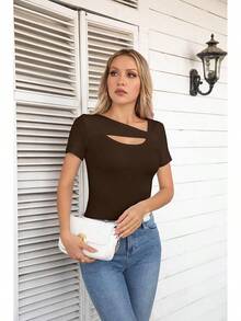 Womens Fashion Fall Cutout Long Sleeve Ribbed Slim Fitted Tops Shirts Tee Tshirts - Short-coffee - View 7