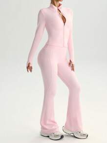 FWH Street-Ready 2 Pieces Set,Tummy-Control Waist + Thumbhole Sleeves, Gym-To-Street,Corset-Inspired Zip Front,4-Way Stretch Flares,Anti-Slip Waistband,Sculpting Jacket Zip Detail + Booty-Lifting Pants,Confidence-Boosting Set,Women's Zip-Front Jacket & Flared Pants,Set 2 Pieces Set Women