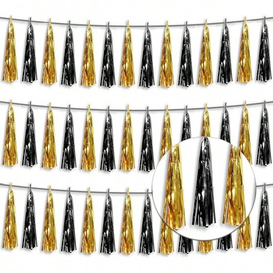 3P Metallic Fringe Tassel Banner Garland Foil Tinsel Streamer Wall Hanging Curtain Backdrop Banner For Parade Floats, Graduation Decorations, Father's Day Party Decoration(Silver)Halloween Christmas New Year - 黑金 - 查看 1