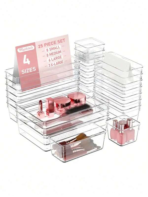 3/7 件套透明便携式塑料抽屉整理器，适用于化妆品、文具、厨房用品，可堆叠 PET 材料组装抽屉支架盒，透明大容量化妆品容器盒，节省空间，多用途，文具抽屉收纳箱