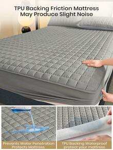 1pc Waterproof Fitted Sheet, Bedding, Halloween Decor, Christmas Decorations, Mattress Cover, Fall Decor, Quilted Bed Cover, Soft And Comfortable Bedding For Bedroom, Bedspread For Bedroom Decor, Halloween Gift, Room Decor, Skin-Friendly Full Coverage Fitted Sheet, Solid Color Grid Design Mattress Protector, Fitted Bottom Sheet For Twin, Full, King, Queen Size, Machine Washable, Perfect Holiday Gift - Xám - Xem 7