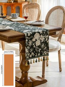 1 pieza Tapete de mesa con bordado floral de estilo retro francés de lujo con flecos, color verde, apto para vacaciones, reuniones, fiestas, bodas, decoración del hogar, todas las estaciones. - Verde Oscuro - Ver 15