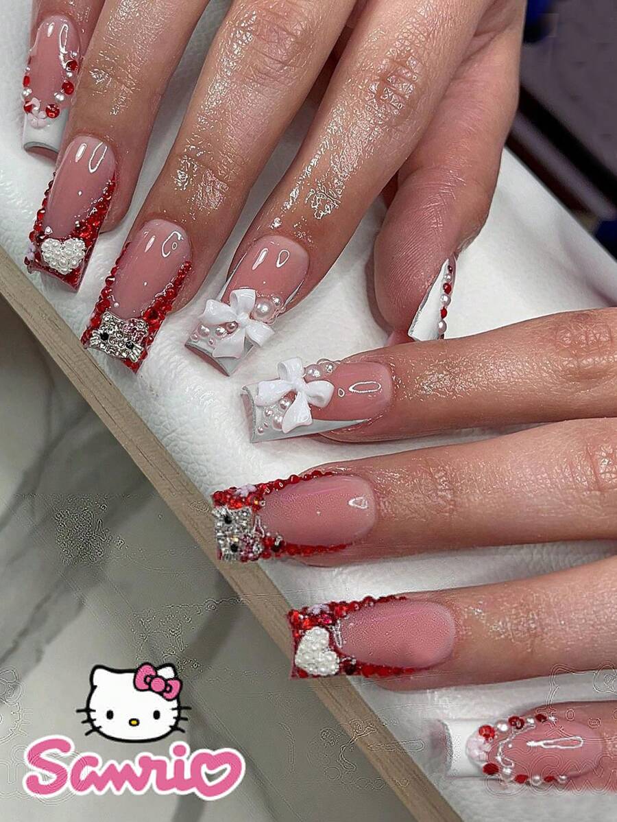 24 件中号方形指甲贴纸 Sanrio 白色法式心形 Hello Kitty 水钻 3D 白色蝴蝶结珍珠红色水钻美甲套装，适合女性日常佩戴、派对，包含 1 件果冻胶和 1 个指甲锉 - 彩色 - 查看 1