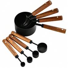 8pc Stainless Steel Measuring Cup And Spoon With Rosewood Handle, Durable Kitchen Baking Tools Including Spice Spoon And Coffee Spoon, Nested Design For Easy Storage, Suitable For Baking Cooking And Cocktail Making - Bộ 8 món màu đen - Xem 2