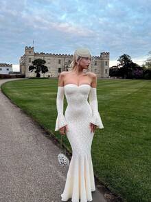 1pc Solid Color Lace Off-Shoulder Elegant Fitted Cocktail Party Wedding Dress, Valentine's Day Spring - Apricot - View 6