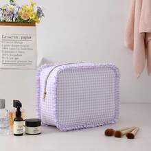Toiletry Bag Gingham Ruffle Makeup Bag,Large Travel Cute Cosmetic Bag For Women Girls,Toiletry Bag Make Up Organizer 10.8 X 4.5 X 8 Inch (Purple Gingham) - 粉紅格子 - 查看 3