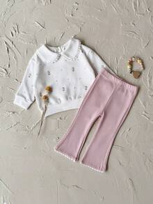 2pcs/Set Baby Girls Floral Embroidered Peter Pan Collar Long Sleeve Sweatshirt & Frilly Long Pants, Spring/Autumn