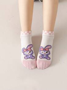 Disney 5 Pairs Girls/Kids Casual Cartoon Socks, Purple Tone Rabbit, Heart, Bowknot Patterns, Cute Style, Ankle Socks, Suitable For Students Daily, Back To School Season, All Season