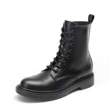Women Lace-Up Combat Boots Ankle Booties Round Toe With A Lace-Up Front And Side Zipper Retro Motorcycle Boots - BLACK-MATTE - 查看 2