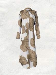 Women's Elegant Daily Dress, Floral Print Long Sleeve Button Down Shirt Dress, Fashionable Bohemian Full Body Print Casual V-Neck Maxi Dress With Side Slit, Polyester Blend, Machine Washable, Suitable For Spring/Summer/Autumn