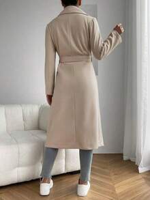 秋季女士翻领双口袋腰带长款女式外套 - 杏色 - 查看 2