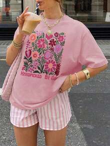 Camiseta Manga Corta Cuello Redondo Estampado Flores Mosaico Mujer - Rosa - Ver 1