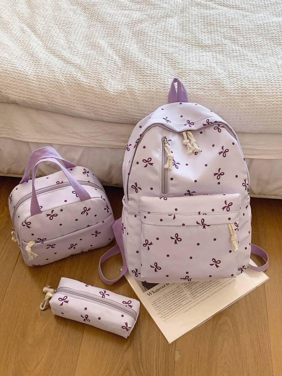 返校季 3 件套新款面料背包、手提包、铅笔盒、蝴蝶结图案印花、大容量拉链开合、时尚甜美、精致温柔、可爱便捷、百搭永不无聊 - 紫色 - 查看 1