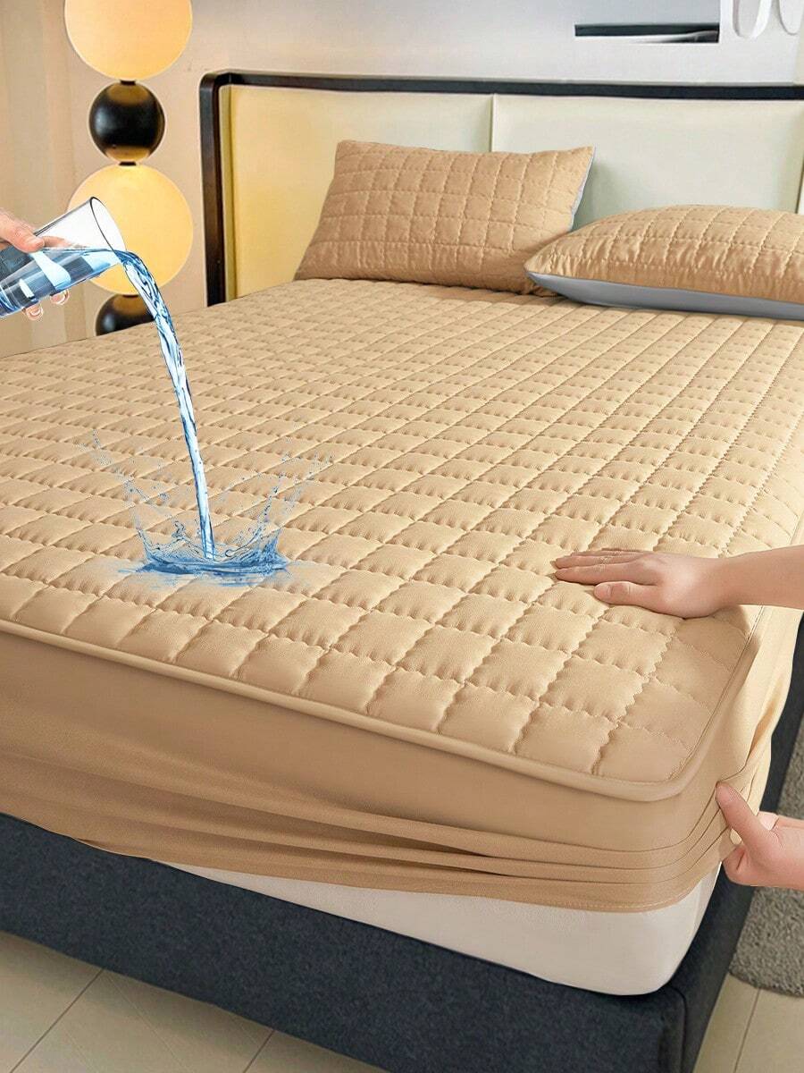 1pc Waterproof Fitted Sheet, Bedding, Halloween Decor, Christmas Decorations, Mattress Cover, Fall Decor, Quilted Bed Cover, Soft And Comfortable Bedding For Bedroom, Bedspread For Bedroom Decor, Halloween Gift, Room Decor, Skin-Friendly Full Coverage Fitted Sheet, Solid Color Grid Design Mattress Protector, Fitted Bottom Sheet For Twin, Full, King, Queen Size, Machine Washable, Perfect Holiday Gift - 駝色 - 查看 1