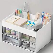 1个办公桌收纳盒，带2/4个抽屉，桌面笔卡包装收纳盒，适用于办公桌，化妆品收纳盒，办公用品桌面配件，适用于办公室、家庭和学生返校用品。返校 - 白色 - 查看 1