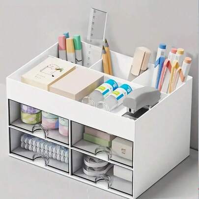 1个办公桌收纳盒，带2/4个抽屉，桌面笔卡包装收纳盒，适用于办公桌，化妆品收纳盒，办公用品桌面配件，适用于办公室、家庭和学生返校用品。返校