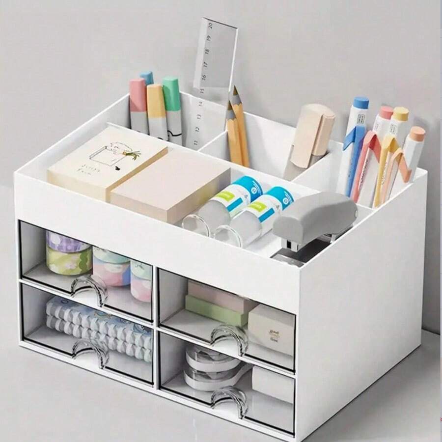 1个办公桌收纳盒，带2/4个抽屉，桌面笔卡包装收纳盒，适用于办公桌，化妆品收纳盒，办公用品桌面配件，适用于办公室、家庭和学生返校用品。返校 - 白色 - 查看 1