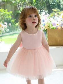 Baby Girls' Handmade Beaded 3D Bow Christmas Party Elegant Tulle Princess Dress, Suitable For Girls' 1st Birthday Gift, Party, Banquet, Holiday Celebration - Baby Pink - View 9