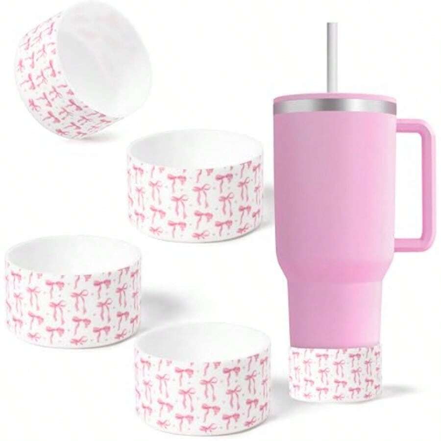 QY Coquette Pink Bow Silicone Boot 4 Pack Anti Slip Protective Sleeve For   30 40oz Cute Bottom Protector Cover For  Tumbler IceFlow Flip  Birthday Gifts For Women 2216 - 如圖 - 查看 1