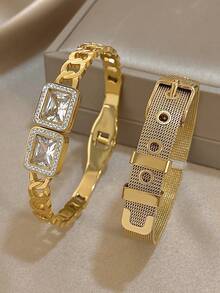 Juego de brazaletes de lujo chapados en oro de 18 quilates de malla de acero inoxidable con circonita para mujeres, regalo para mamá, regalo para maestros, joyería para verano, playa, joyería bohemia, accesorios para rave/baile de graduación/fiesta/diario, regalo de vuelta al colegio, regalo de cumpleaños, regalos de dama de honor, regalos de Navidad - Multicolor - Ver 5