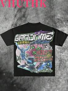 VHUTHK Double Sided Printing (220 Pure Cotton T-Shirt) 'GRNONME' Letters And Sci-Fi Patterns Double Sided Printing Men's Summer Round Neck Short Sleeved Casual Pure Cotton Printing100% Cotton Fabric Is Soft And Breathable - 黑色 - 查看 2