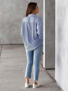 Women's Oversized Striped Long Sleeve Comfortable Shirt - 藍色 - 查看 5