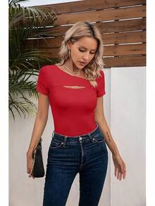 Womens Fashion Fall Cutout Long Sleeve Ribbed Slim Fitted Tops Shirts Tee Tshirts - Short-red - View 8