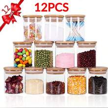 12 件玻璃储物罐，带密封竹盖的食品储存容器，便携式透明罐，用于茶、咖啡豆、糖、糖果、饼干、香料、家庭厨房用品、玻璃瓶 - 無色 - 查看 1