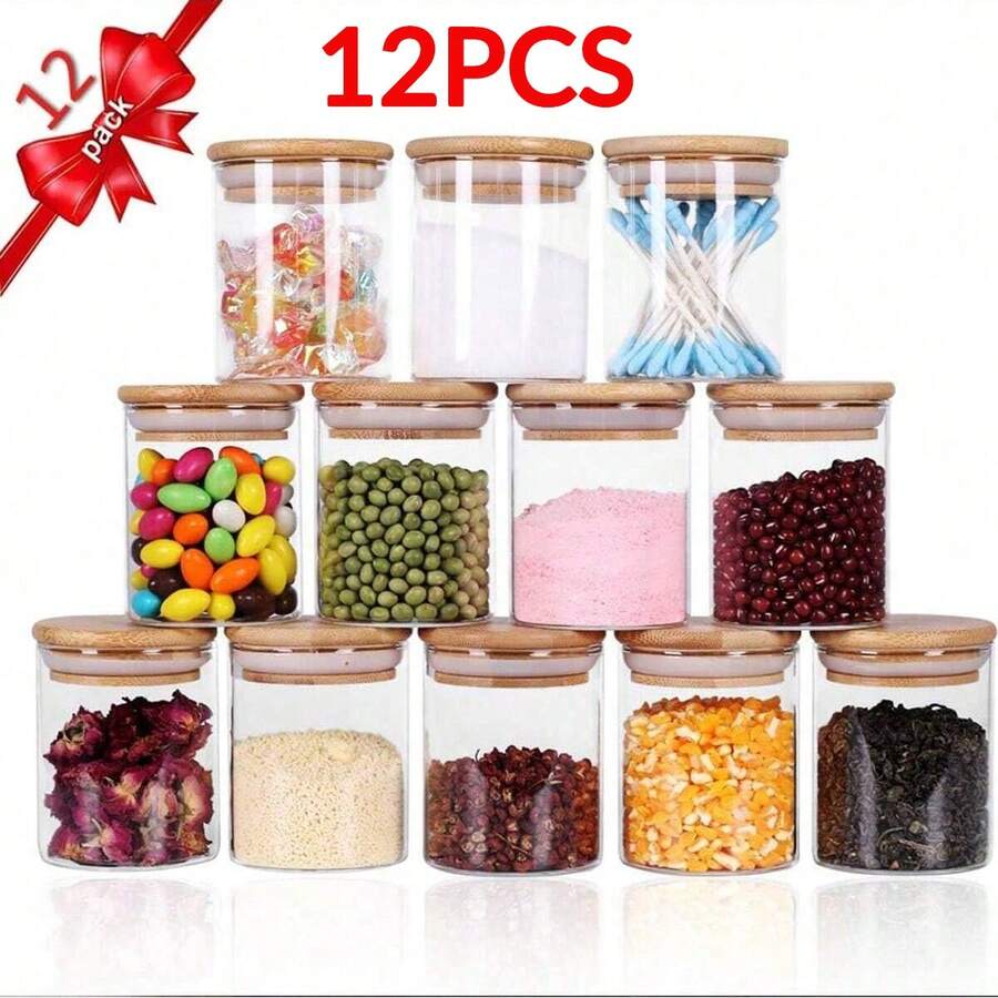 12 件玻璃储物罐，带密封竹盖的食品储存容器，便携式透明罐，用于茶、咖啡豆、糖、糖果、饼干、香料、家庭厨房用品、玻璃瓶 - 無色 - 查看 1