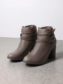 Chunky High Heel Ankle Boots Close Toe Fall Heeled Booties Shoes - 棕色 - 查看 8