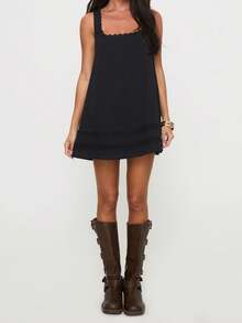 Women Loose Mini Dress Casual Summer Lace Patchwork Square Neck Sleeveless Party Dress For Beach Club Streetwear - màu đen - Xem 3