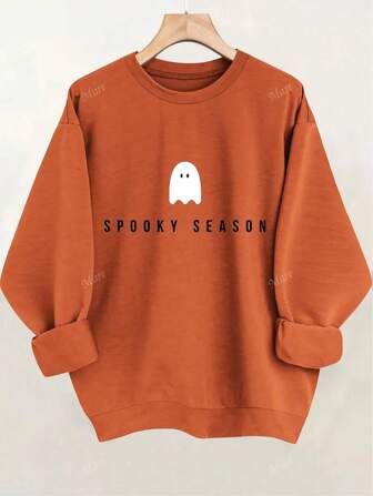 Halloween Graphic Loose Pullover Sweatshirt, Women's Dropped Shoulder Round Neck Long Sleeve Casual Top