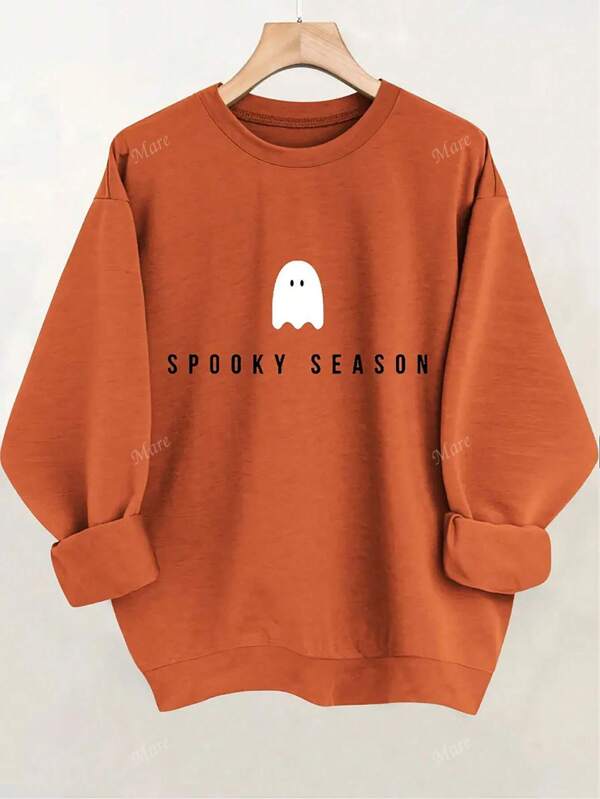 Halloween Graphic Loose Pullover Sweatshirt, Women's Dropped Shoulder Round Neck Long Sleeve Casual Top