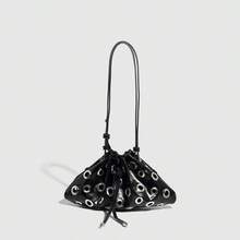 Edgy Metallic Rivet Shoulder Bag – Hollow Eyelet Drawstring Bucket Purse For Women |   Gothic-Chic Messenger Crossbody Bag - Rượu vang đỏ - Xem 1