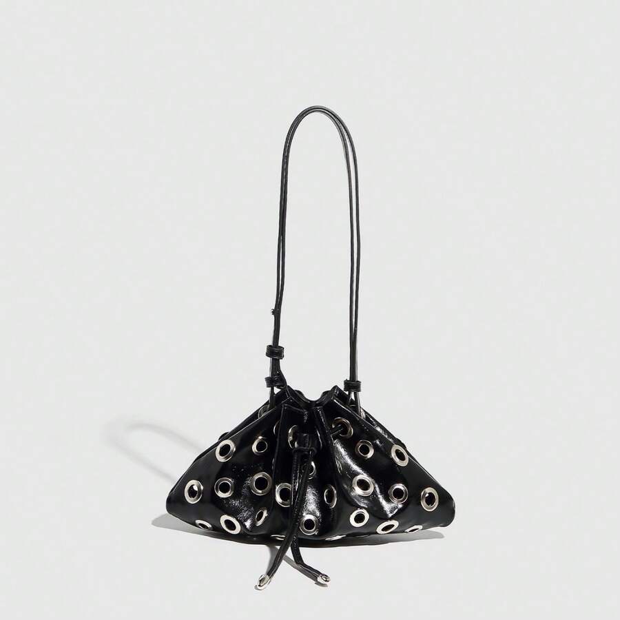 Edgy Metallic Rivet Shoulder Bag – Hollow Eyelet Drawstring Bucket Purse For Women | Gothic-Chic Messenger Crossbody Bag - Rượu vang đỏ - Xem 1