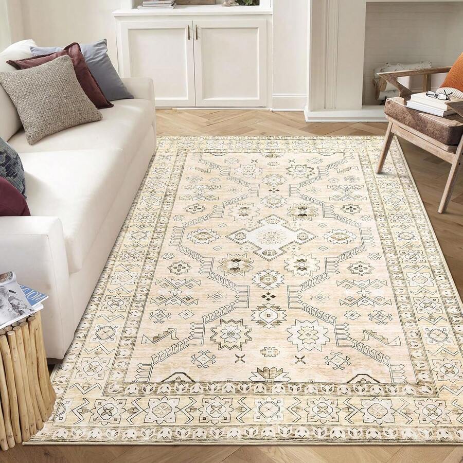 Meiyiu Area Rug Living Room Rugs - Washable Boho Farmhouse Moroccan Geometric No Slip Indoor Rug Soft Floor Carpet For Bedroom Under Dining Table Home Office Decor - Beige - Beige-8' x 10' - 查看 1