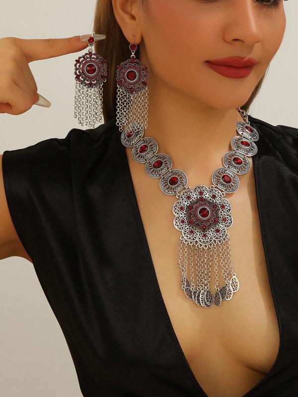 1 Set Bohemian Vintage Style Rhinestone Flower & Tassel Necklace Set For Women