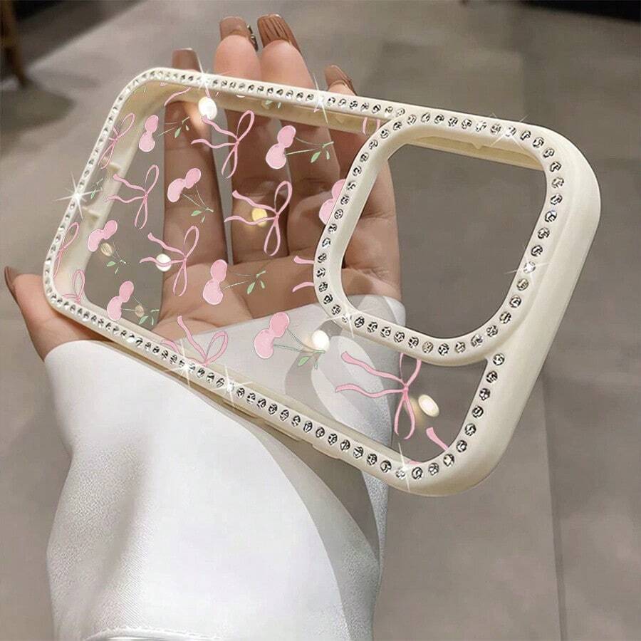 Funda para teléfono con diseño de cerezas rosas y lazos, doble cara, brillante | Funda brillante para phone 11/12/13/14/15/16 - Blanco - Ver 1