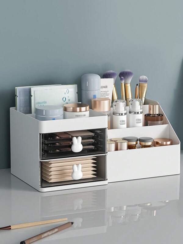 1pc All-White Bunny Shaped Storage Box For Home & Office, Organizer For Cosmetics, Stationery, Accessories, Suitable For Student Dorm & Desk