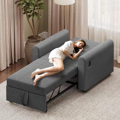 3-in-1 Schlafsessel Sofa Bett mit, Klappbares Einzelsofa mit weichem Kissen, Aufbewahrungstaschen und Verstellbarer Rückenlehne, Leinenstoff Sofa Bed Chair 190cm