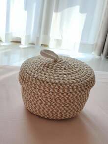 Woven Round Lidded Desktop Organizer Box, Handmade Household Storage Basket For Fruit, Cosmetics - Apricot - View 5