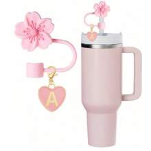 2 件/套心形和字母花卉可重复使用吸管盖，粉色杯字母标记，以及硅胶花卉吸管盖，适合 10 毫米大直径吸管，现代简约玻璃杯的可爱字母配件