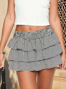 Womens Mini Skirt Plaid Tiered Ruffle Elastic Low Waist A-Line Cake Skirts For Beach Club Streetwear - màu đen - Xem 3