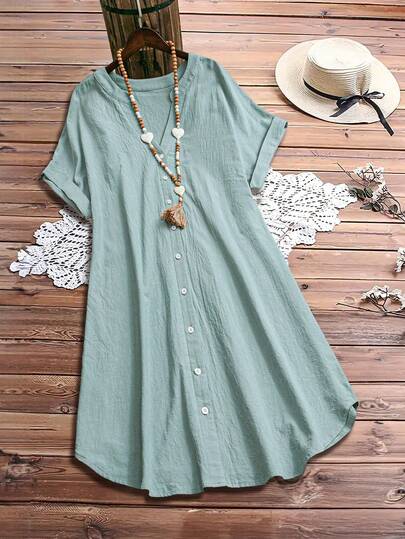 Yuxiaa Women's Plus Size Green V-Neck Short Sleeve Shirt, Solid Color Button Front Dress - Suitable For Spring, Summer, Autumn