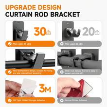 Tringle à rideaux universelle sans perçage avec montage autoadhésif sans clou, capacité jusqu'à 13,6 kg, finition noire, idéale pour la salle de bain, la chambre, le salon et la cuisine. Finitions délicates, look mural sans couture, fixation facile sans outils, adhésif mural durable pour rideaux légers, support robuste, installation rapide, amovible sans résidu - Noir - Voir 6