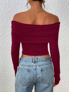 Women's Long Sleeve Shirts Off Shoulder Tops Going Out Slim Fitted Y2K Blouses Fall Fashion Clothes - Màu Đỏ Sâu - Xem 2