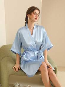 Women's Silk Nightgown Wedding Dressing Robe Lightweight Cardigan Robe Bridal Morning Robe Friend's Robe, Suitable For Home And Hotel Wear. - Light Blue - View 5